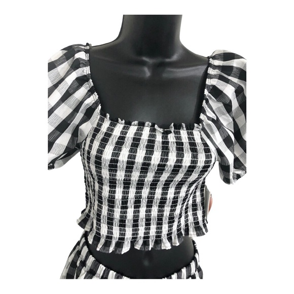 2pc black white checkered gingham ruffle hem smocked top printed shorts set sz S - Picture 6 of 12